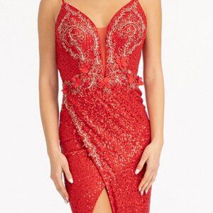NEW RED Sequin Embellished Illusion V-neck Mermaid Dress w/ Open GL3053